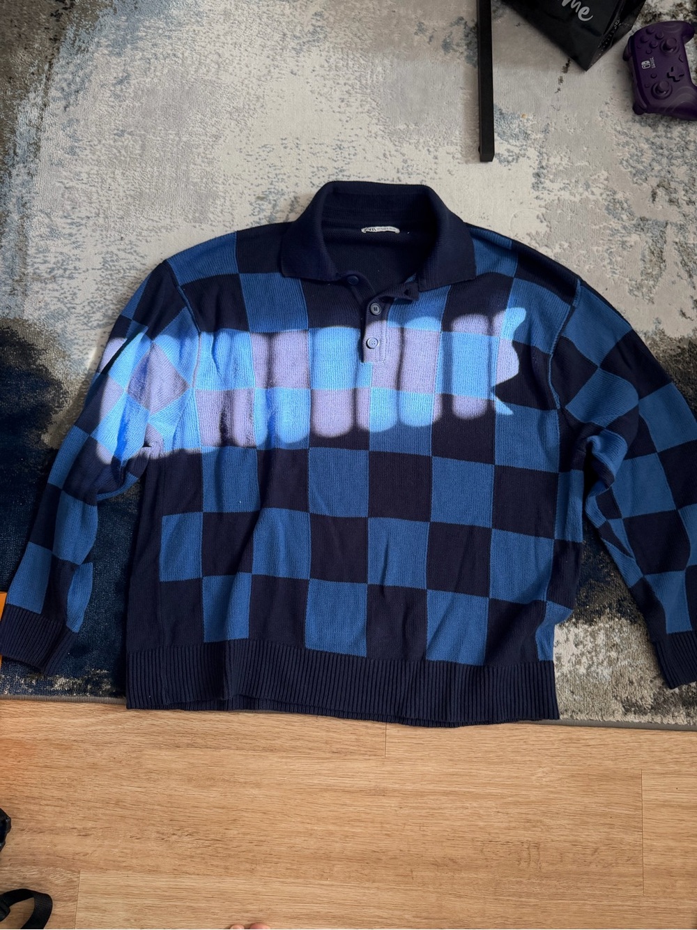 Zara Navy and Royal Blue Checkered Polo Sweater